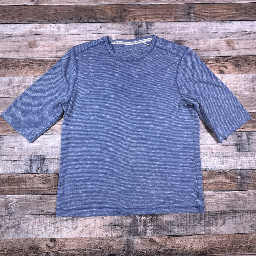 Orvis Mens T-Shirt Short Sleeve Crew Neck Blue Space Dye Size M Embroidered Logo